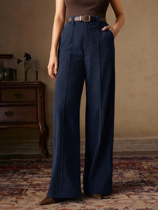 Pants - Navy Blue Casual Women's Corduroy Trousers